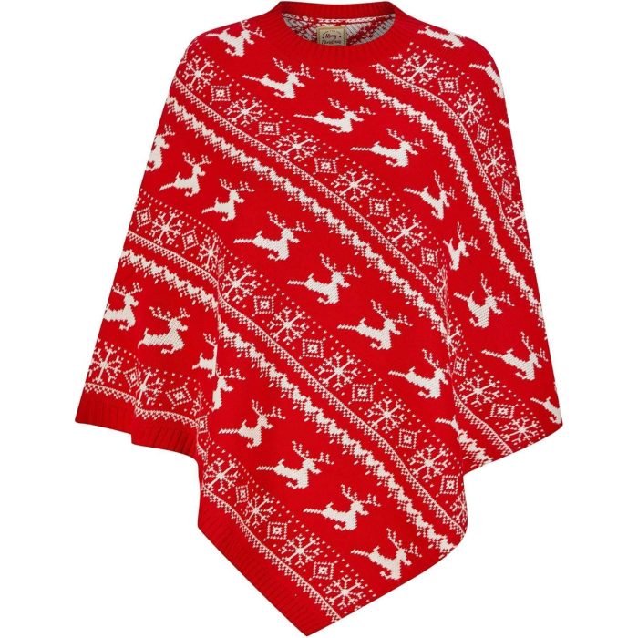 Christmas Claudia Reindeer Snowflake Poncho Cape 3A17493 Red