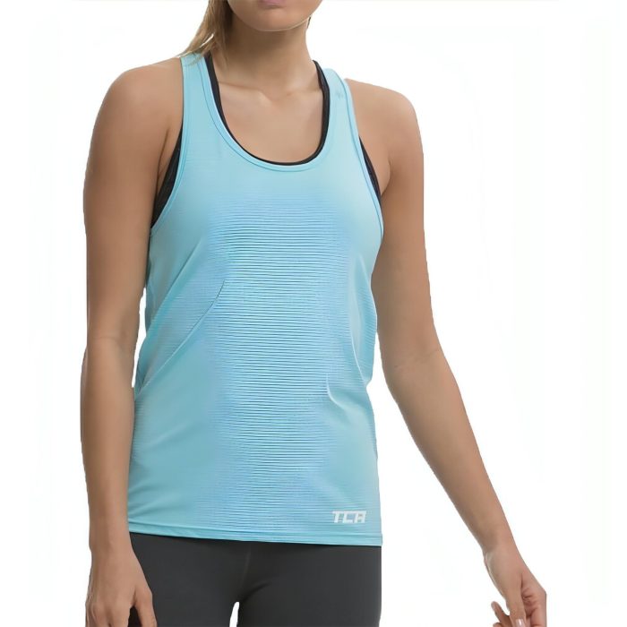 tca vista cross back womens running vest tank top blue 28811686281424